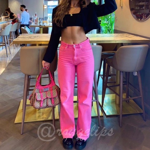 90s Style Pink Wide Leg Jeans High Waist Raw Hem - Picture 11 of 14